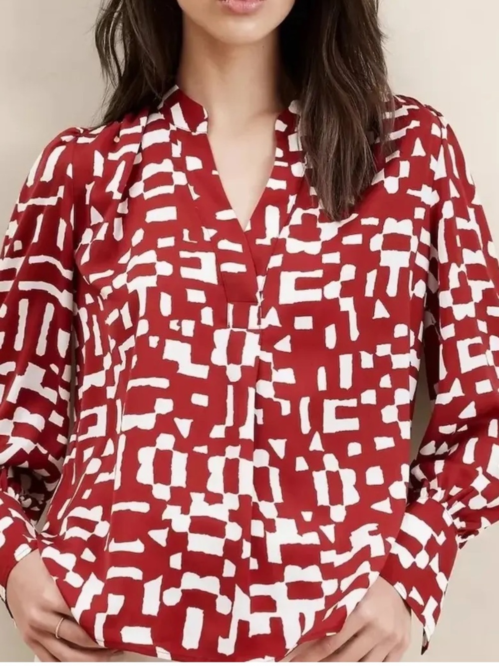 Banana Republic Red and White Abstract V‑Neck Blouse